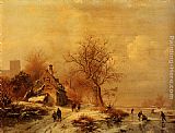 Frederik Marianus Kruseman Famous Paintings - Figures In A Frozen Winter Landscape